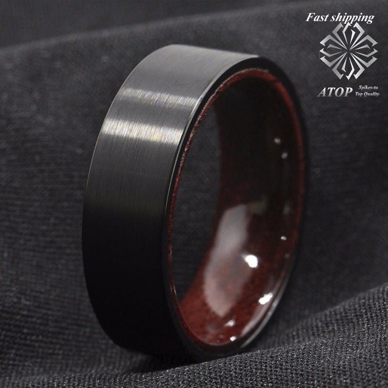 8mm Black Brushed Tungsten Red Sandal Wood Inlay Wedding Band Ring Men&