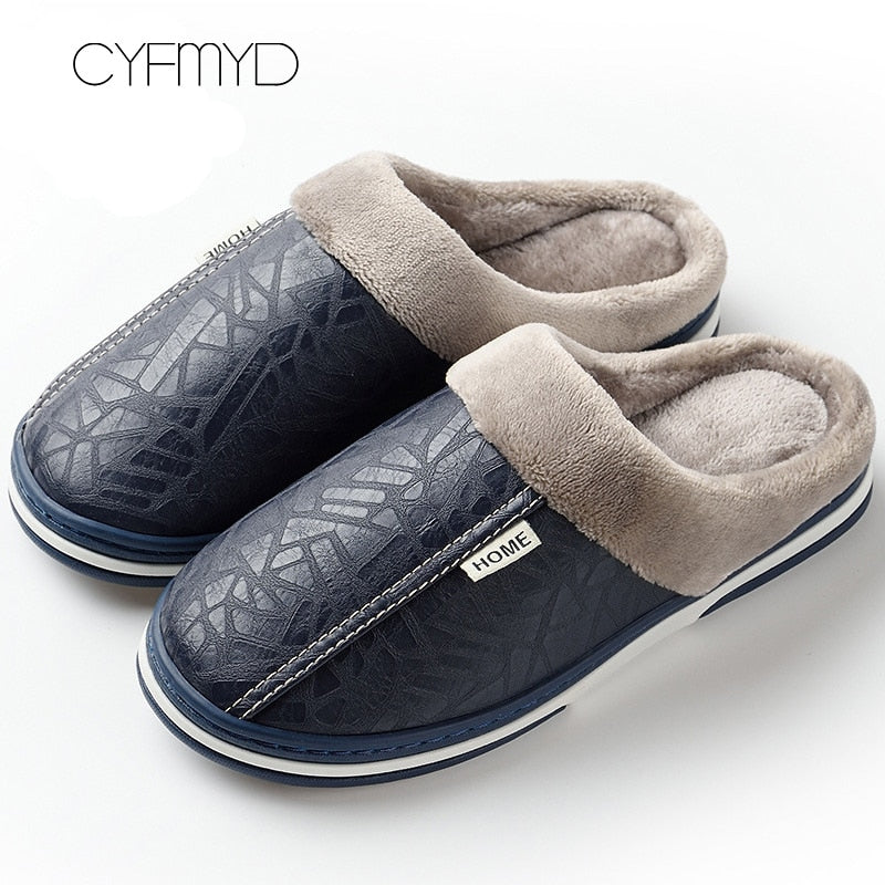 Men slippers leather Home slippers for men Waterproof Warm House slippers Male Fur Slippers Couple Platform Fluffy Big Size 50