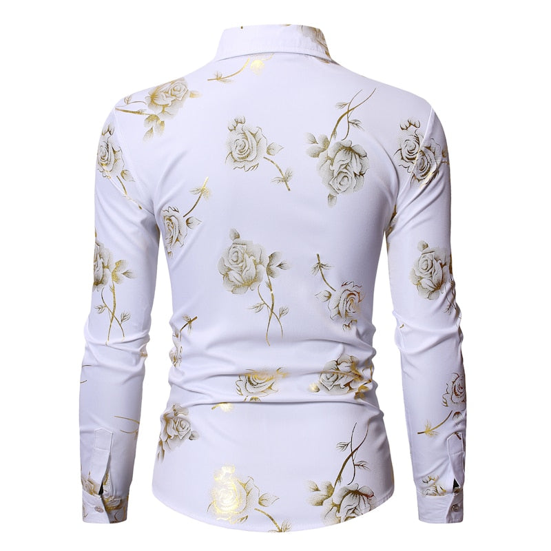 Camisas con estampado floral de rosas doradas para hombre Marca Floral Steampunk Chemise Blanco Manga larga Fiesta de bodas Bronceado Camisa Masculina