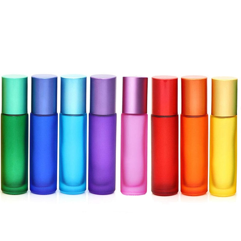 20pcs 10ml Portable Frosted Colorful Thick Glass Roller Essential Oil Perfume Vial Travel Refillable Rollerball Bottle