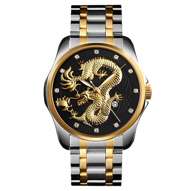 2020 SKMEI Luxus Chinesische Drachen Muster Männer Goldene Quarzuhr Männliche Uhren Wasserdichte Armbanduhren Relogio Masculino 9193