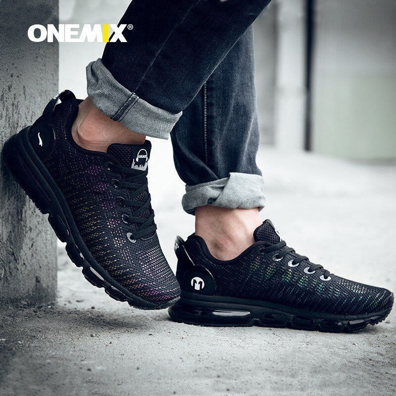 ONEMIX estilo caliente hombres zapatos para correr ligero colorido reflectante Vamp negro zapatilla de deporte aire cojín al aire libre atlético cómodo