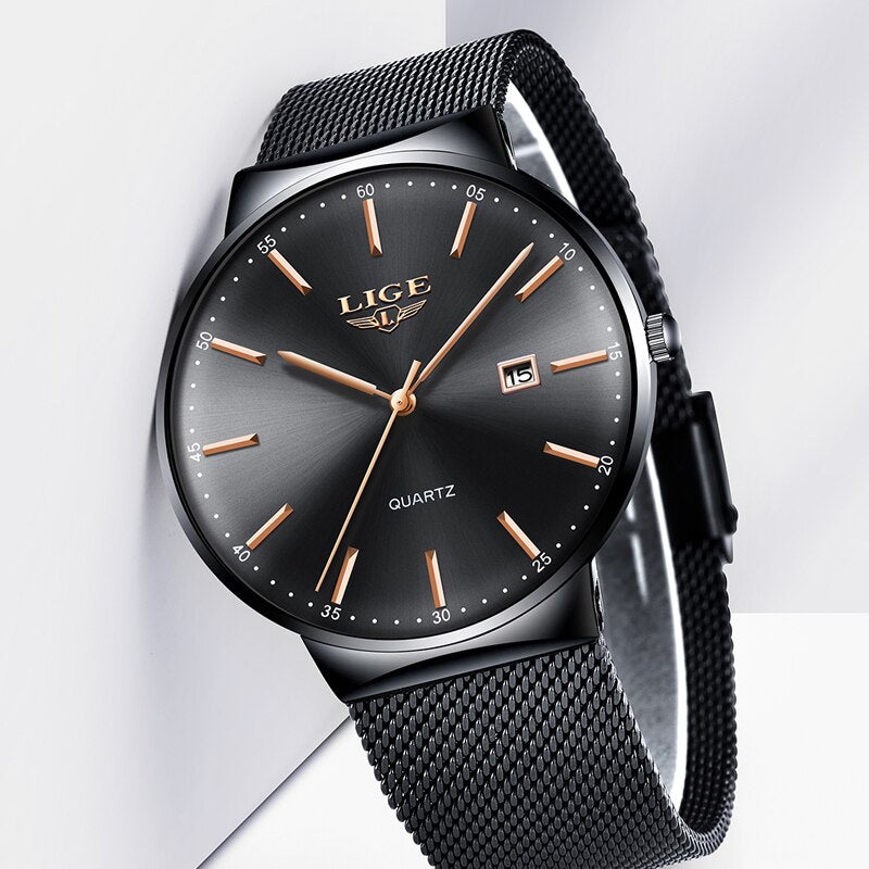 LIGE Men Quartz Watches Waterproof Automatic Date Watch for men Fashion Simple Clock Full Steel Casual Sport Man Chronograph+Box