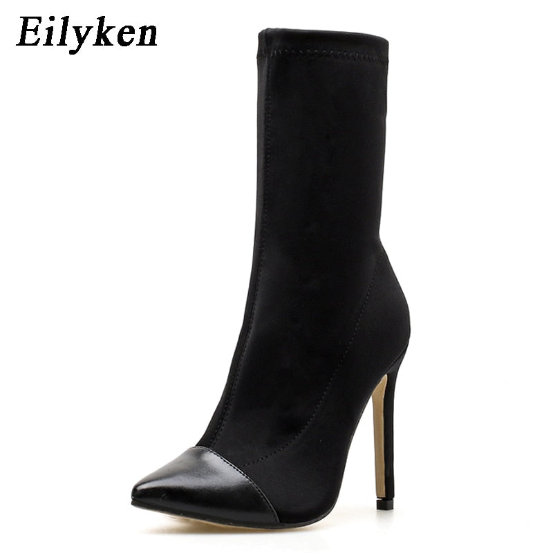 Eilyken 2022 New Women Sock Boots Pointed Toe Elastic High Boots Slip On High Heel Ankle Boots Women Pumps Stiletto Botas