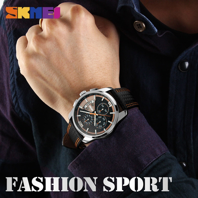 SKMEI, relojes deportivos a la moda para hombre, relojes de pulsera de cuarzo impermeables de 5 barras con correa de cuero de lujo de marca superior, reloj Masculino 9106