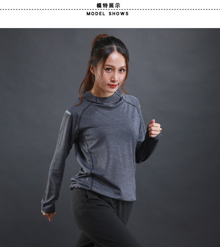 Autumn thin Women Running T Shirts Gym fitness Long Sleeves sweatshirts Quick Dry Training Breathable Hood Sports Yoga Clothing