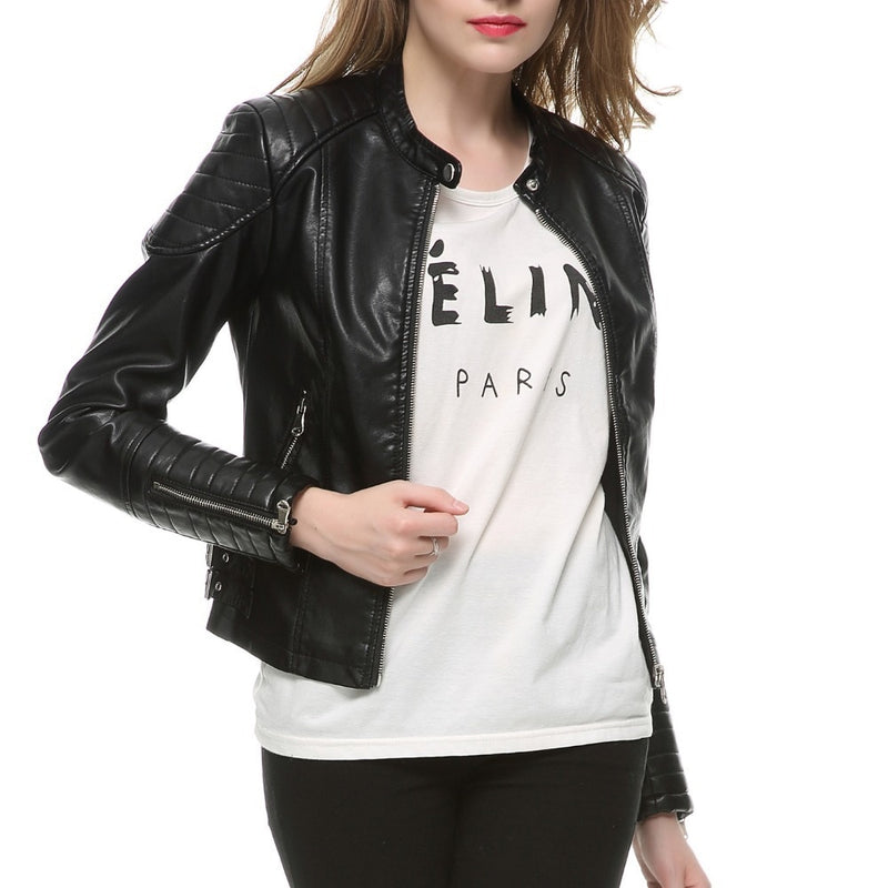 2021 Fashion Women Elegant Zipper Faux Leather Biker Jacket in Brown Black Slim Ladies Coat Casual brand Motorcycle Leather Coat