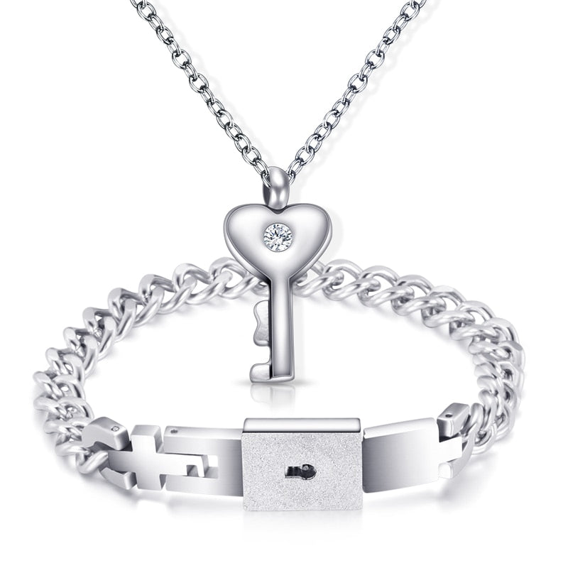 Fashion A Couple Jewelry Sets For Lovers Stainless Steel Love Heart Lock Bracelets Bangles Key Pendant Necklace Couples Set