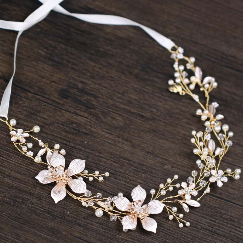 Floral Headbands For Women Golden Leaf Wired Crystal Pearls Flower Hairband Wedding Crown Hair Vine Bridal Hair accessories VL