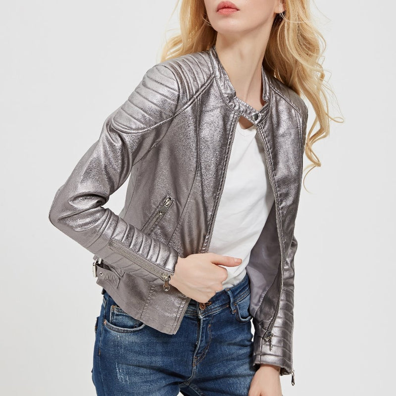 2021 Mode Damen Elegant Reißverschluss Kunstleder Bikerjacke in Braun Schwarz Schlank Damen Mantel Casual Marke Motorrad Ledermantel