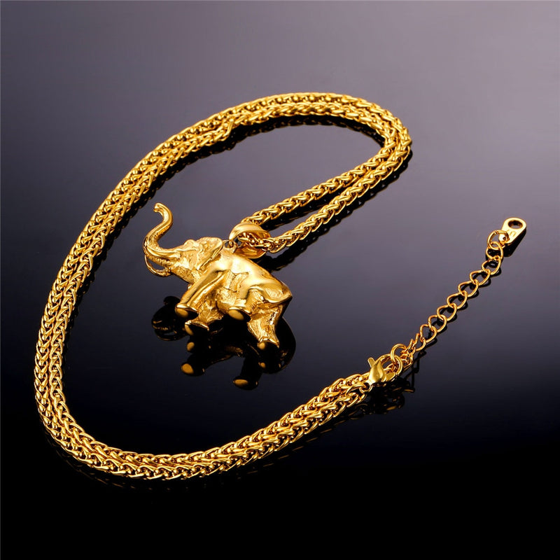 U7 Stainless Steel Gold Color Elephant Necklace Trendy Men Jewelry Charm Pendant & Chain Animal Lucky Jewelry Gift P755