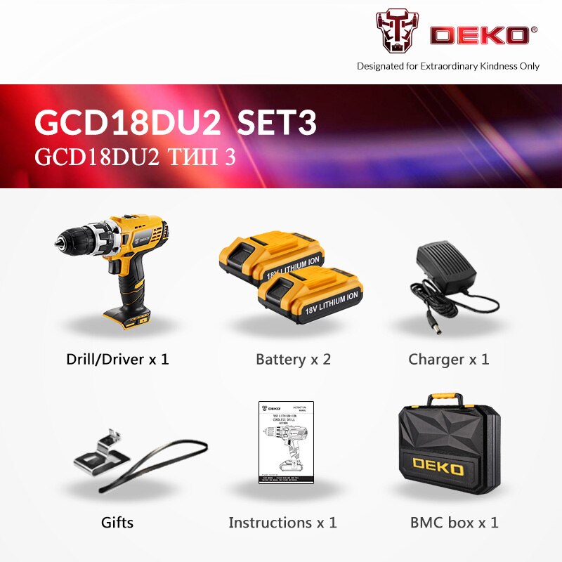 DEKO GCD18DU2 Electric Screwdriver Cordless Drill Wireless Power Driver 18-Volt DC Lithium-Ion Battery 1/2-Inch 2-Speed