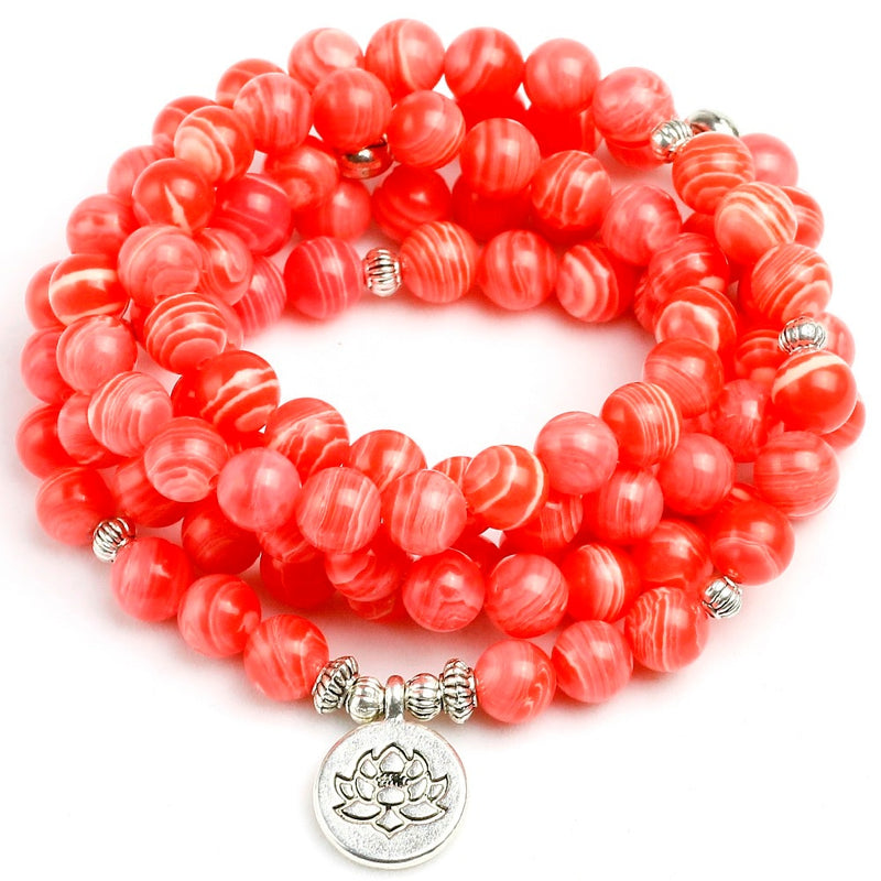 Cuentas de piedra de rodocrosita pulsera de mujer Yoga Lotus Tree Life Charm Wing Mala collar joyería regalo hecho a mano