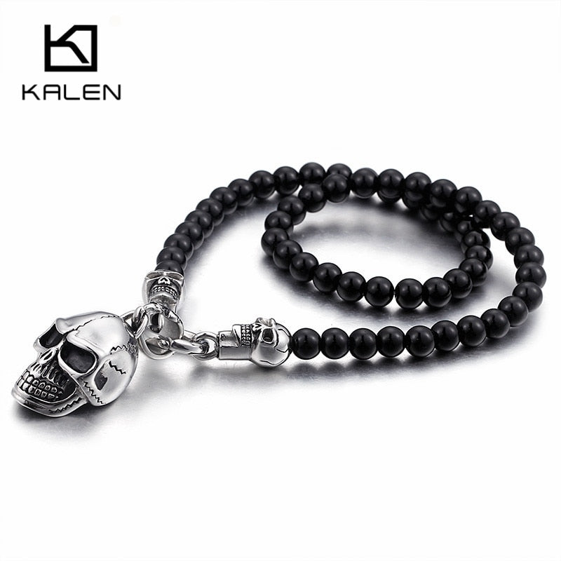 KALEN Afrikanische Glasperlen 47 cm 50 cm 60 cm 75 cm Kette Halsketten Männer Punk Edelstahl Schädel Anhänger Statement Choker Schmuck