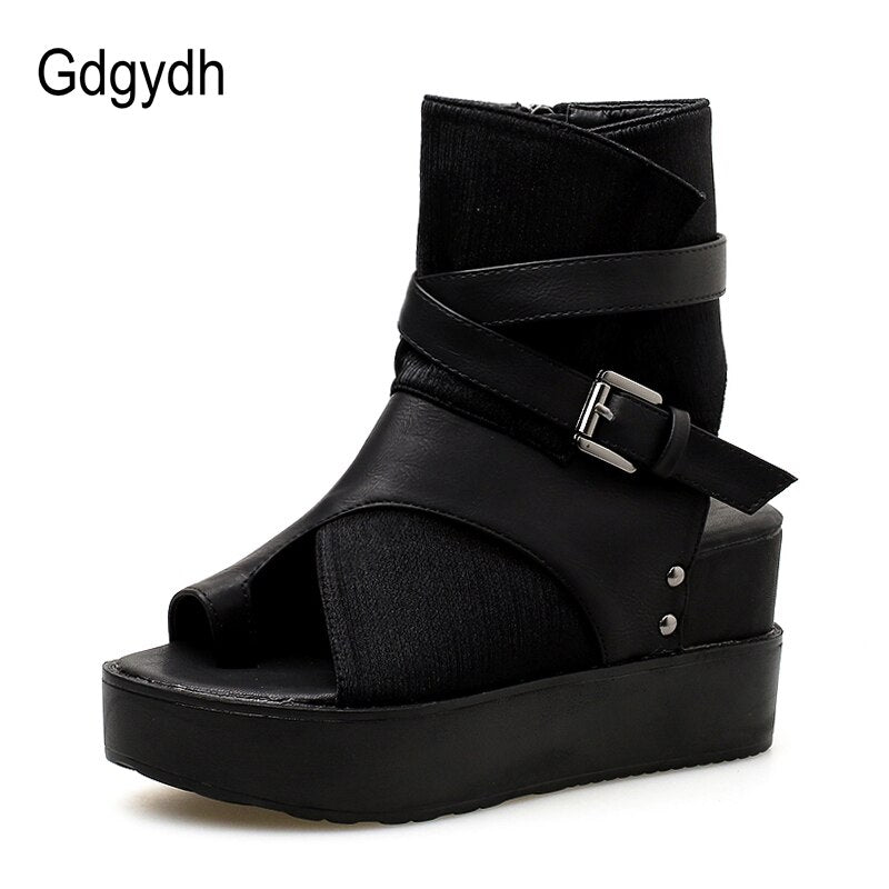 Gdgydh Black Women Ankle Boots Spring Autumn Peep Toe Flat Heel Boots For Female Buckle Platform Wedges Shoes Summer Comfortable