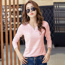 FEKEHA Weißes T-Shirt Frauen Frühling Herbst Baumwolle Weibliche Langarm T-Shirts V-Ausschnitt Damen Tops Lässige T-Shirts
