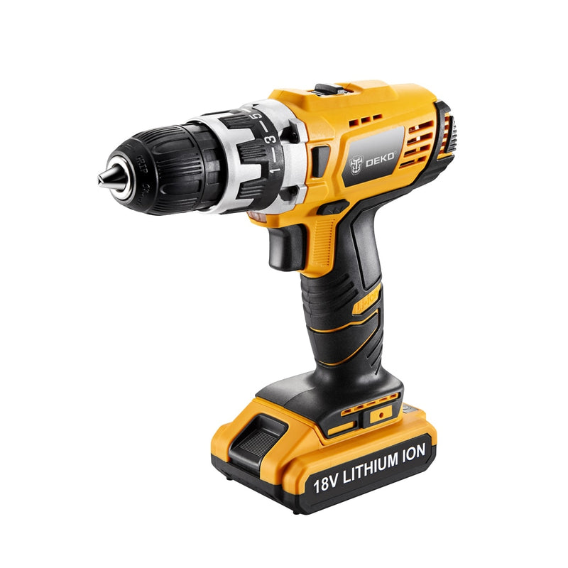 DEKO GCD18DU2 Electric Screwdriver Cordless Drill Wireless Power Driver 18-Volt DC Lithium-Ion Battery 1/2-Inch 2-Speed