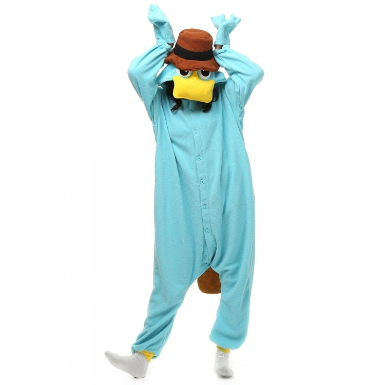 Unisex Perry the Platypus Costumes Teletubbies Onesies Monster Cosplay Pajamas Adult Pyjamas Animal Sleepwear Jumpsuit