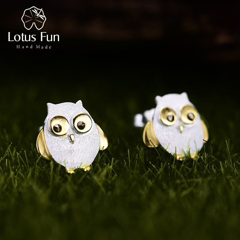 Lotus Fun Real 925 Sterling Silver Natural Creative Handmade Designer Fine Jewelry Ctue Owl Stud Earrings for Women Brincos