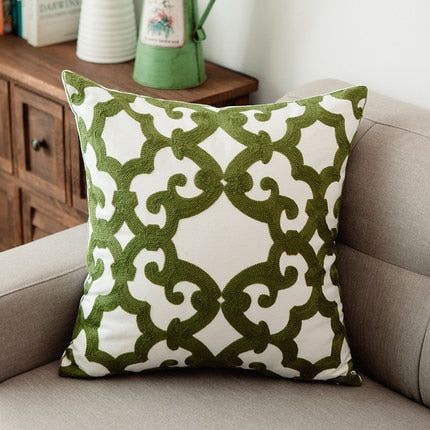 Home Decor Emboridered Cushion Cover Green Geometric Canvas Cotton Suqare Embroidery Pillow Cover 45x45cm