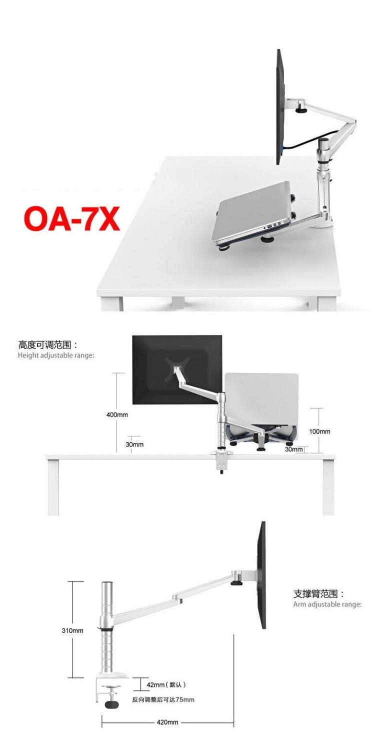 OA-7X Multimedia Desktop Dual Arm 27 inch LCD Monior Holder+ Laptop Holder Stand Table Full Motion Dual Monitor Mount Arm Stand