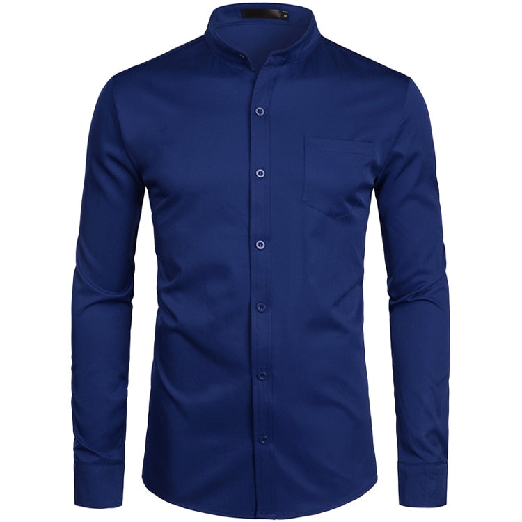 Camisas de vestir azul real para hombre, camisa de cuello mandarín con bandas de marca 2022, camisa informal de manga larga con botones y bolsillo 2XL para hombre