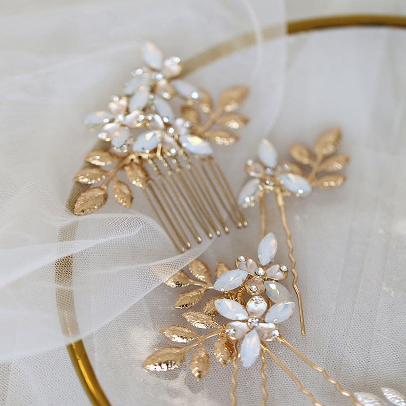 Jonnafe Gold Silver Color Leaf Wedding Hair Comb Pins Set Opal Crystal Bridal Hair Jewelry Accessories Women Headpiece