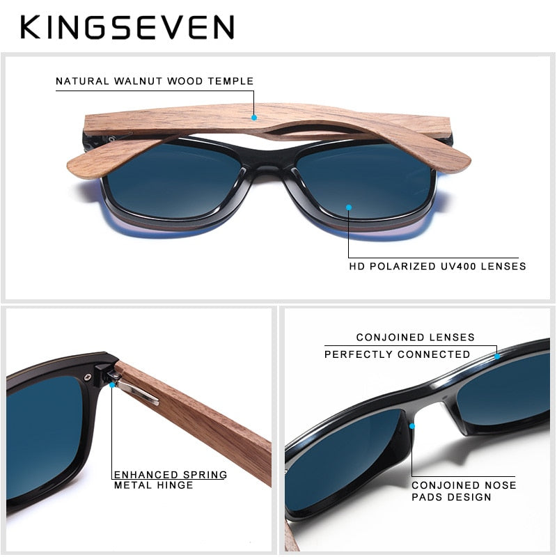 KINGSEVEN 2021 Luxury Walnut Wood Sunglasses Polarized Wooden Brand Designer Rimless Mirrored Square Sun Glasses For Women/Men