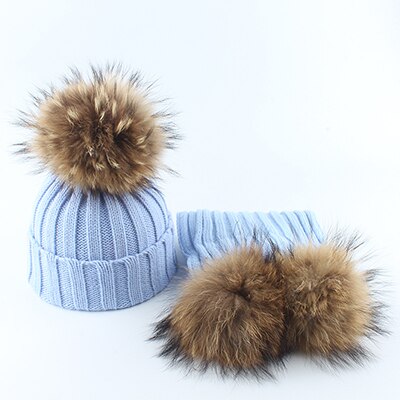 Kinder Echtpelz Bommel Beanie Warme Strickmütze und Schal Set Jungen Mädchen Winter Baby Mütze