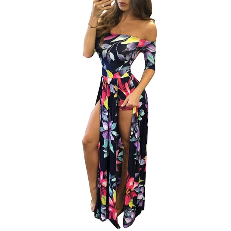 Vestido largo de playa Hobo con estampado Floral para mujer, vestido elegante de verano con hombros descubiertos y media manga con abertura alta, Vestidos de fiesta, atuendo, Vestidos de playa