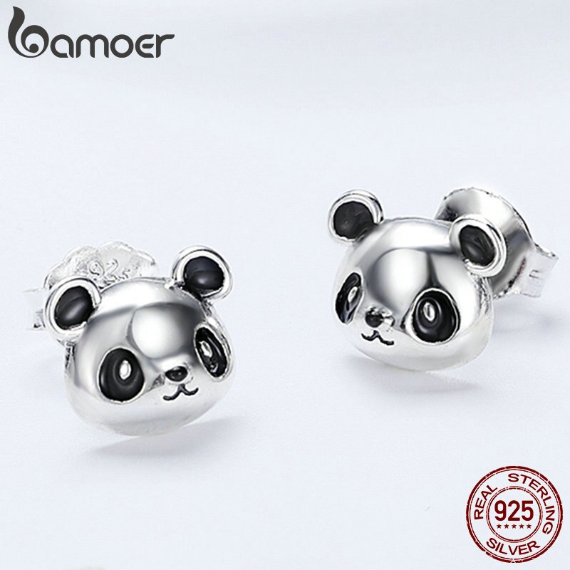 BAMOER Genuine 100% 925 Sterling Silver Animal Collection Cute Panda Stud Earrings for Women Sterling Silver Jewelry SCE386