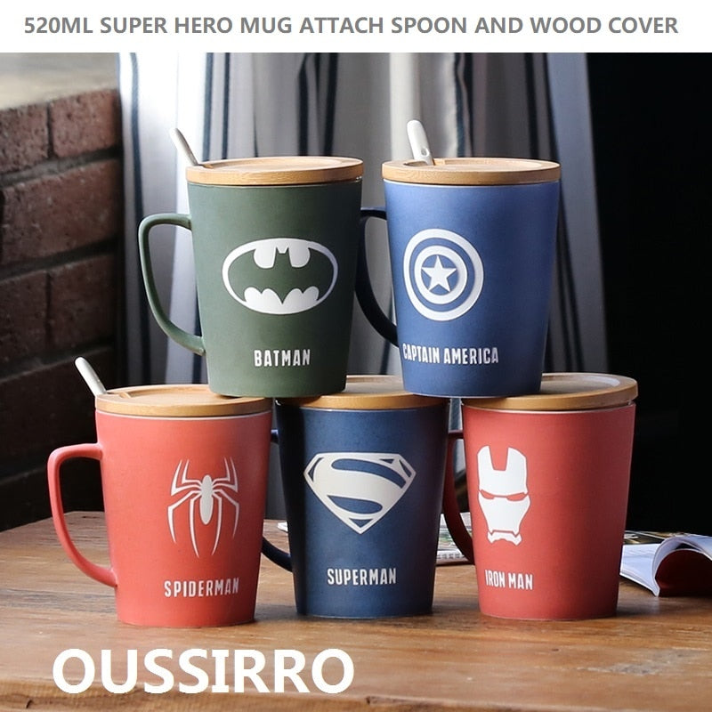 Taza de superhéroe con cubierta de madera y cuchara, tazas de Color puro, taza, herramienta de cocina, regalo