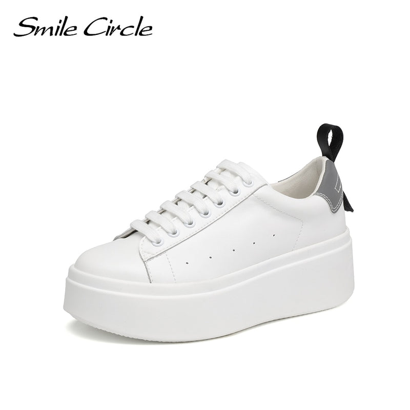 Zapatillas blancas con círculo sonriente, zapatos de plataforma plana para mujer, zapatos informales de punta redonda con suela gruesa, zapatillas gruesas bajas para mujer