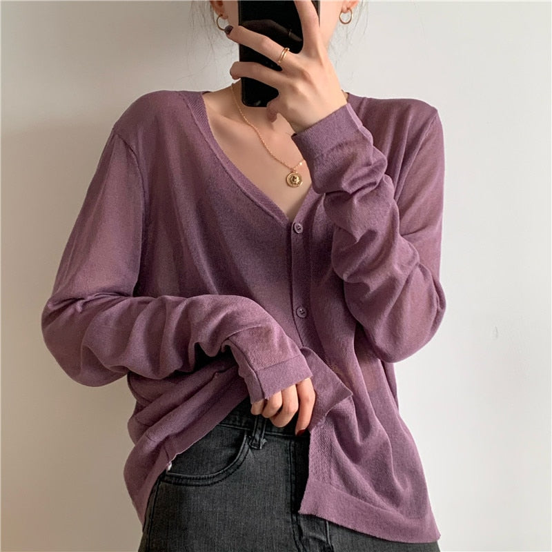 Cardigan Women Korean Long Sleeve Cardigan Summer Cropped Cardigan Knitted V-Neck Thin Ice Silk Sweaters Sunscreen Shirt Tops