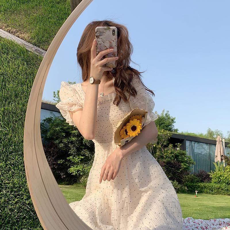 2021 Summer Floral Design Sweet Dress Short Sleeve Chiffon Elegant Dress Korean Style Square Collar Party Dress for Female Dot