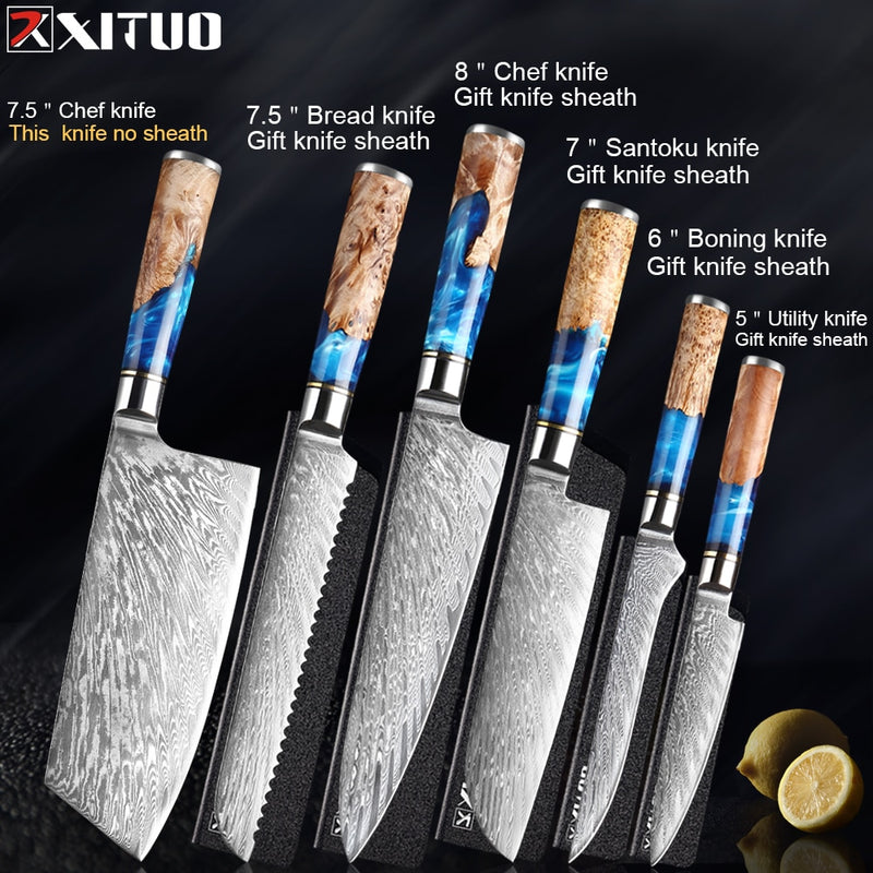 XITUO Kitchen Knives-Set Damascus Steel Chef Knife Cleaver Paring Utility Bread Knife Cooking Tool Blue Resin Handle 1-6Pcs/Set