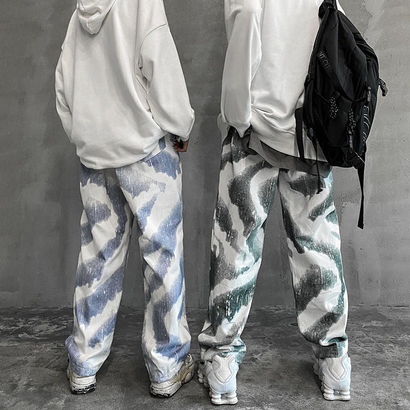 Pantalones coreanos de algodón con efecto tie-dye para hombre, pantalones informales Retro a la moda, ropa de calle para hombre, pantalones rectos holgados salvajes de hip-hop para hombre, M-2XL