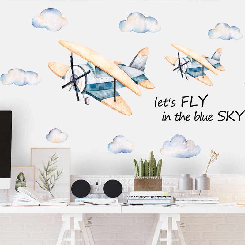 Fly in the sky Wall Stickers for Kids room Bedroom Eco-friendly Vinyl Wall Decals Cartoon Airplane Wall Murals Home Decoration