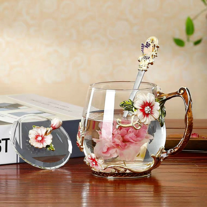 Schönheit und Neuheit Emaille Kaffeetasse Becher Blume Tee Glas Tassen für heiße und kalte Getränke Teetasse Löffel Set Perfektes Hochzeitsgeschenk