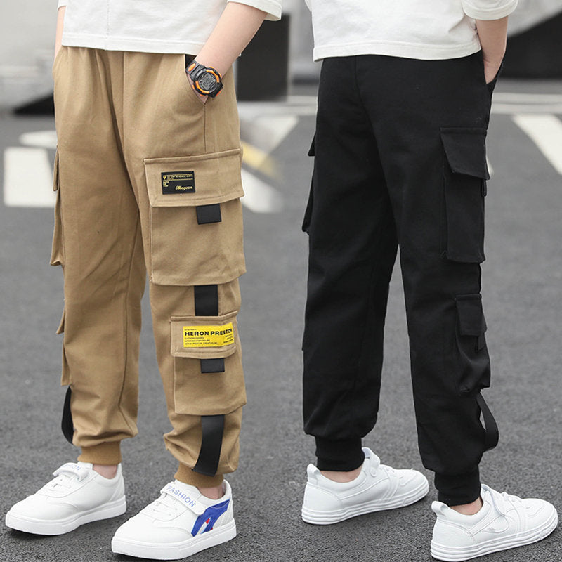 Kids Boy Tape Side Cargo Pants Loose Style Teenager Khaki Black Cargo Pants Classic Kids Sports Trousers for Big Boy 4-13 Years