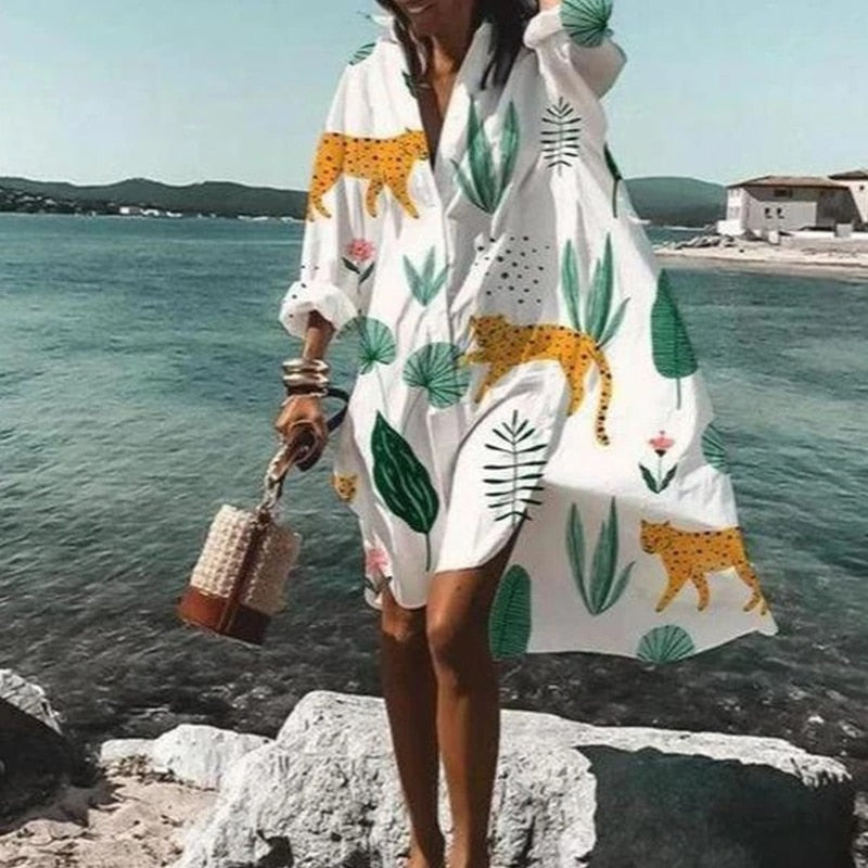 Vestidos de verano 2021 para mujer, vestido informal con estampado de cuello vuelto, camisa de manga larga, vestido holgado de gran tamaño para fiesta en la playa, bata, blusa