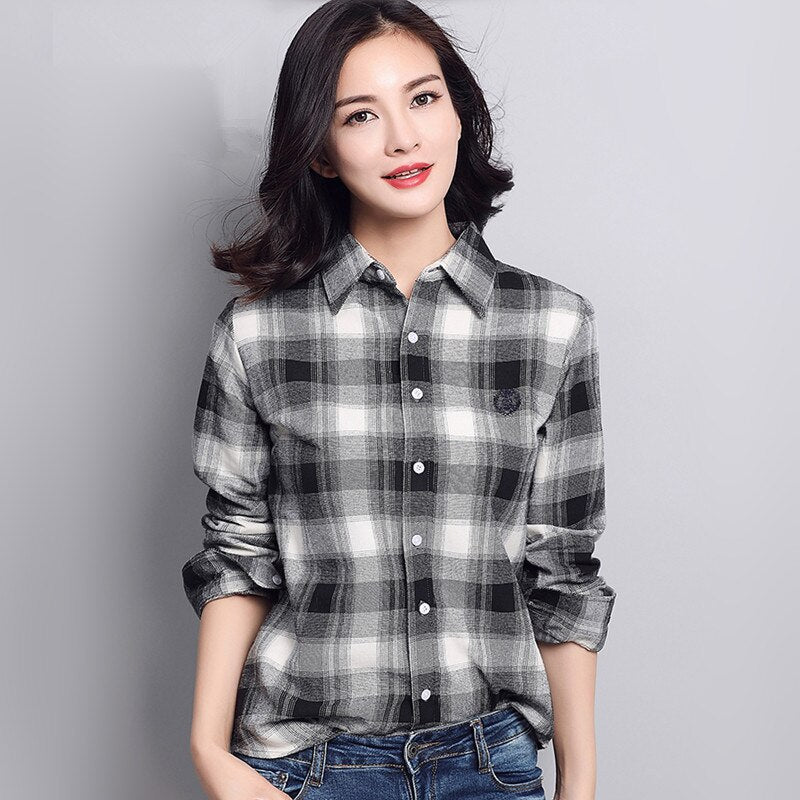 S-4XL Women Cotton Shirt Spring Autumn Winter 2022 New Casual Long-sleeve Brushed Plaid Stripe Shirts Girl's Tops Blouse Female