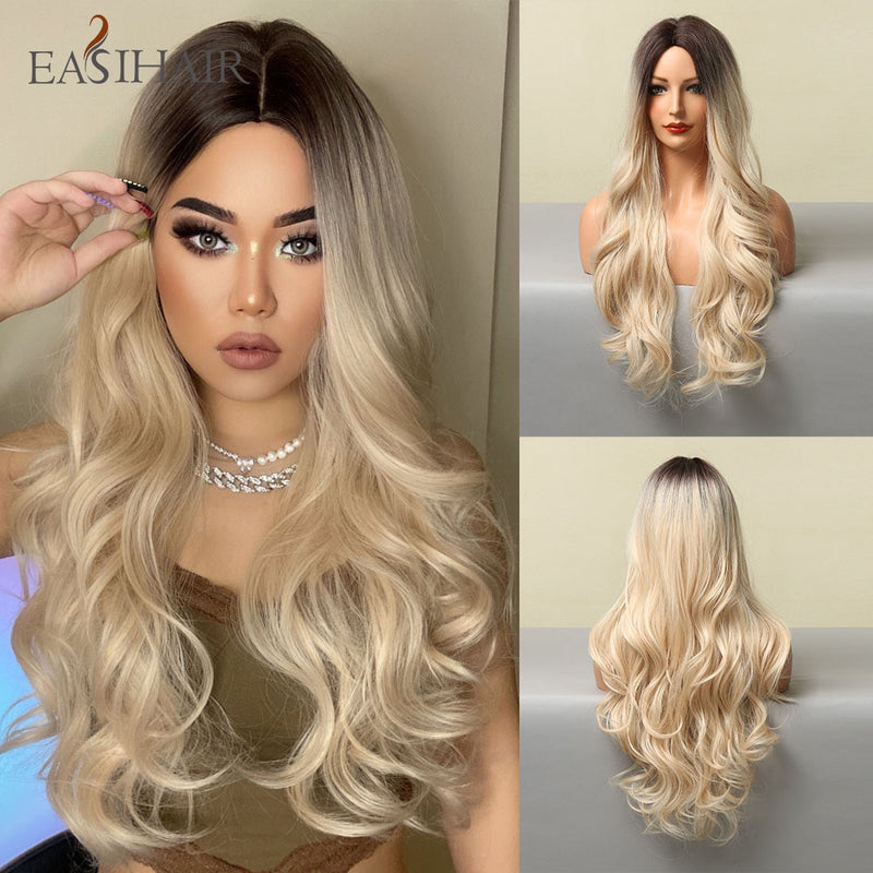 EASIHAIR Long Wavy Brown Synthetic Wigs With Blonde Highlights Cosplay Natural Hair Wigs High Temperature Fiber For Black Women