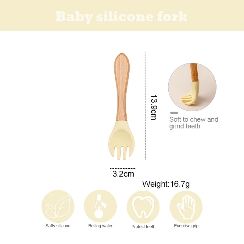 Cuchara de tenedor para bebé, cuchara de alimentación de madera de silicona, tenedor de punta suave, Material de grado alimenticio libre de BPA, mango de bambú, regalos para niños pequeños