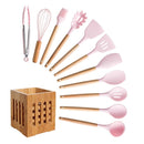 Silicone Cooking Utensils Set Non-stick Spatula Soup Spoon Wooden Handle with Storage Box Kitchen Tools Set Gifts for Mother
