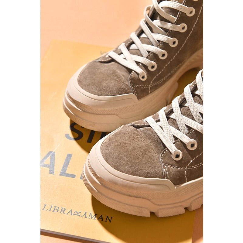 BeauToday Casual Sneakers Damen Wildleder Runde Zehe Lace-Free High Top Damen Retro Mode Flache Schuhe Handmade 29575