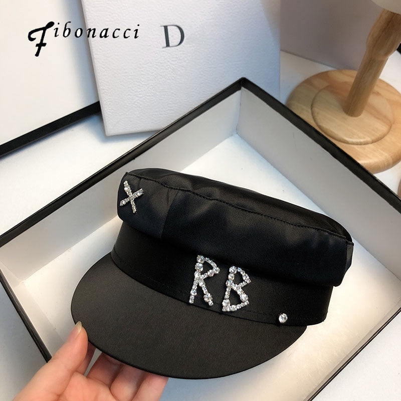 White Hats For Women Four Seasons Rhinestone Alphabet Military Hat Fashion Causal Travel Satin Flat Top Cap Black Sailor Hat