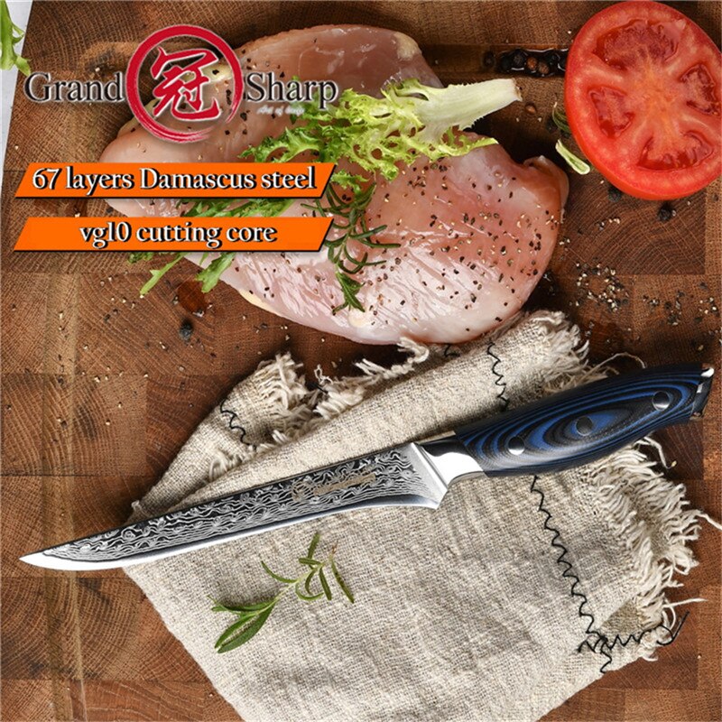 Cuchillo de cocina Damasco de 6 pulgadas para deshuesar, 67 capas VG10, cuchillo de cocina japonés de Damasco, cuchillos para filetear, caja de regalo Grandsharp