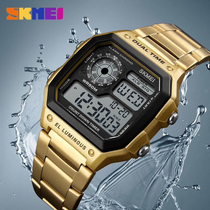 SKMEI Marken-Digitaluhr-Mann-goldene Edelstahl-Armbanduhr-Mann-Militäruhr Relogio Masculino Geschäftsmann-Uhren