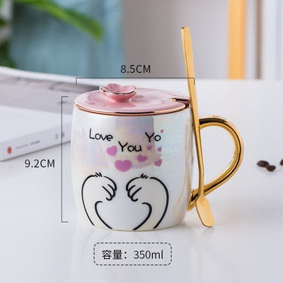 Taza de gato de cerámica de dibujos animados con tapa y cuchara, tazas de leche de café, taza de desayuno creativa bonita, regalo de cumpleaños de boda para el Día de San Valentín